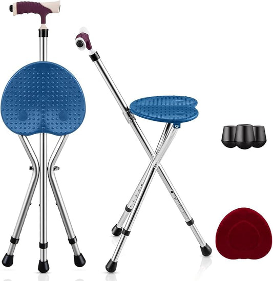 GYMAX Walking Stick Chair Combo, Folding Cane Seat with LED Light, Massage Seat Board & Ergonomic Handle, Adjustable Anti-Skid Walking Stick with Stool, Lightweight Outdoor Travel Rest Stool