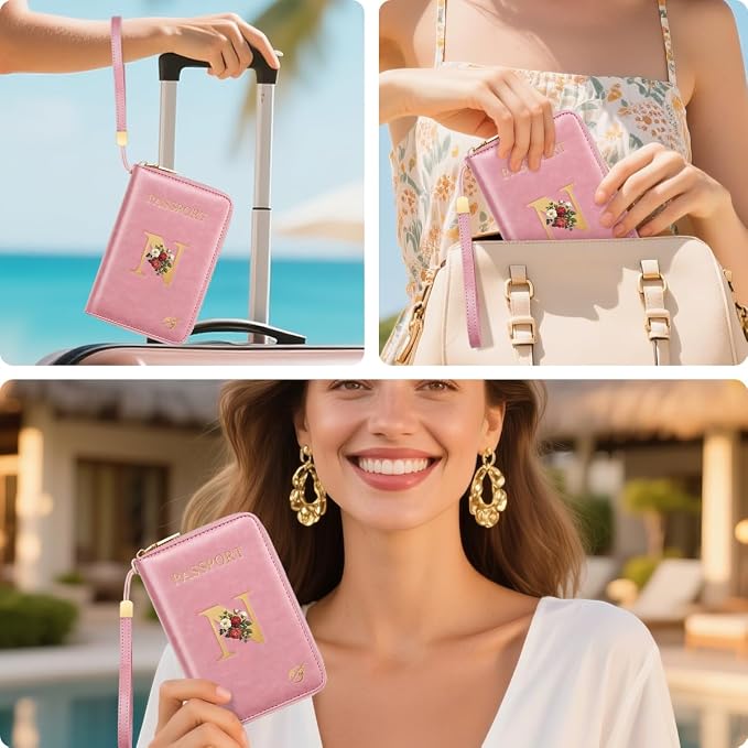 Passport Holder for Travel Personalized Wallet with Wristlet Women | All-in-One Passport Cover, RFID Blocking, Back Coin Pocket, Paper Money Slot, Zipper Closure, Roses Initial Letter, Pink N
