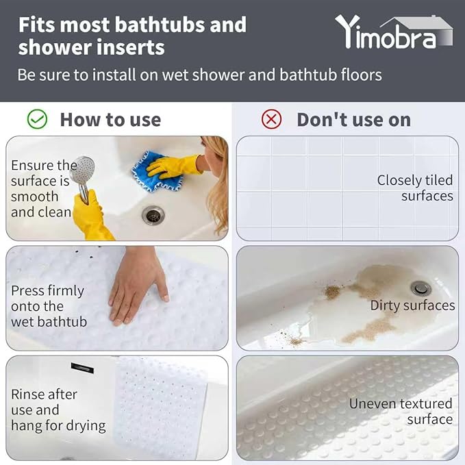 Yimobra Long Bath Tub Mat Non-Slip 40"x16", Super Strong Suction Cups, Shower Mat with Drain Holes, Machine Washable Bathroom Floor Mat, Bathroom Essentials, White