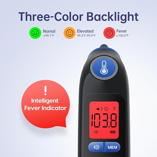 Femometer Family Ear Thermometer for Adults and Kids, Blue | 1s Fast Accurate Reading, 30-Memory Recall, 3-Color Fever Alert, ℃/℉ Switchable, Silent Mode, with 24 Disposable Probe Covers