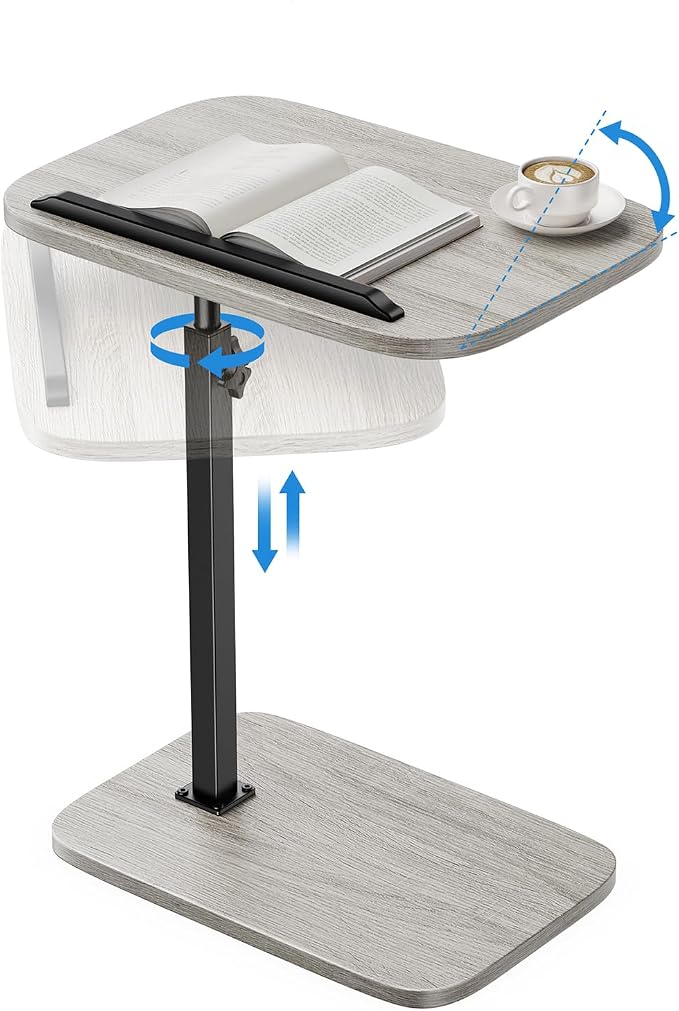 HUANUO TV Tray with Height Adjustment, 360° Swivel, 90° Tilt, Grey | 19"–31.5" Height Range, Dual Knobs & Crossbeam for Stability, Anti-slip Bar, Foldable, for Eating & Working Beside Sofa, Bed