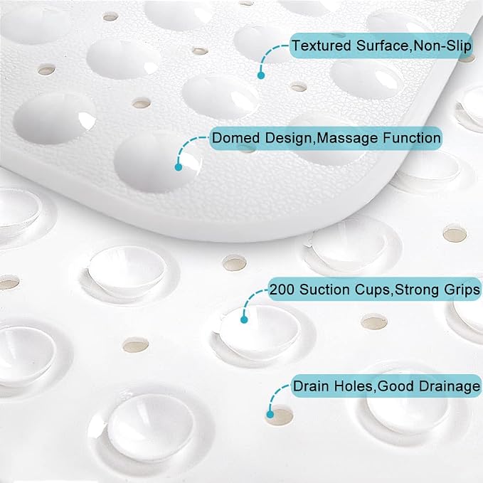 Bathtub and Shower Mats, Extra Long Non-Slip Bath Tub Mat 39 x 16 Inch, Machine Washable Bathmat with Suction Cups & Drain Holes for Bathroom Floor, White