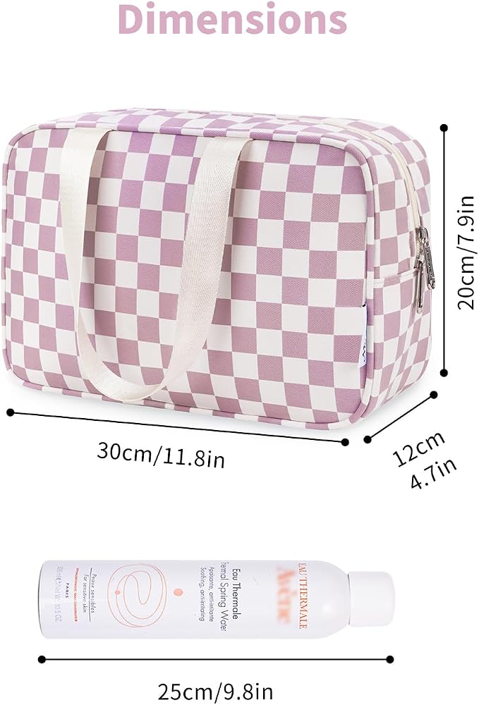 Narwey Large Checkered Travel Toiletry Bag Women Toiletries Bag Pink Makeup Bag Organizer Make up bag Cosmetic Bag Medicine Bag for Girls (Dusty Rose Checkerboard, Large)