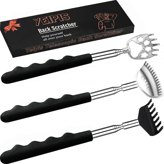 Yeipis 3 Pack Different Back Scratcher Metal Portable Telescoping with Rubber Handles, Extendable Back Massager Tool with Beautiful Box, Stocking Stuffers for Men Women Christmas Presents(Black)