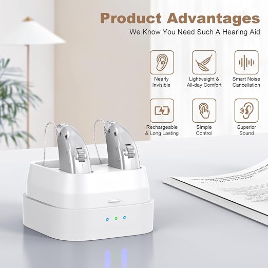 Hearing Aids for Seniors & Adults，Advanced Multi Channel Digital BTE Hearing Assist，AI Powered Speech Enhancement and Tinnitus Masking, Rechargeable 25 Hour Battery Life Adjustable Volume Control