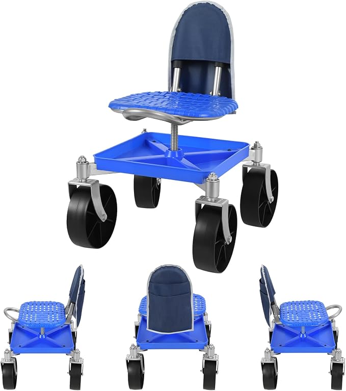 Rolling Garden Seat with Wheels, Adjustable Garden Scooter Stool with Backrest,Garden Cart with Tool Storage Tray & Backpack, Gardening Work Seat for Weeding, Planting, Yard Work (with Wrench)
