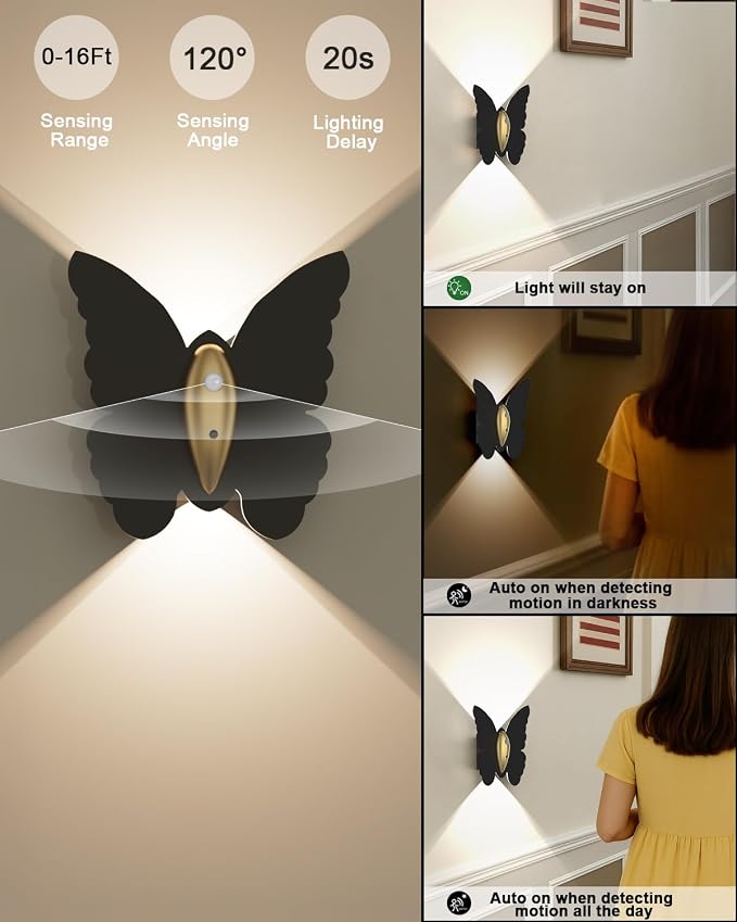 Eneru Motion Sensor Wall Sconce Set of 2, Rechargeable Wall Lights, Indoor | 5000mAh Battery Operated Wall Sconces, Motion Activated, Magnetic Butterfly Night Light for Hallway Stair Closet Pantry Porch
