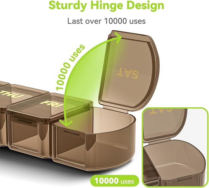 Large Pill Organizer Weekly - SHIJOINYU 7 Day Pill Box with Easy-Open Design, Daily Medicine Pill Organizer for Vitamins, Supplements, Fish Oils and Medications - Brown