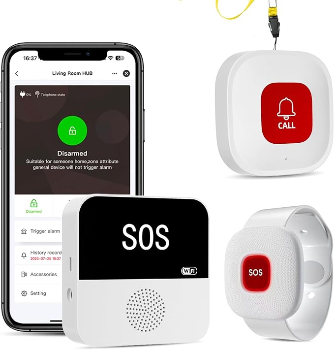 PILSAMAS WiFi Caregiver Page Wireless Call Button System - 1 Lanyard + 1 Wristband Emergency Button, No Monthly Fee, APP Alert, Custom Name/Tones, Fall Alert Devices for Elderly at Home, Nursing Care