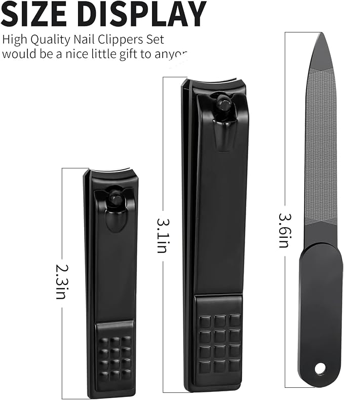 Aogeili Nail Clippers Set, Sharp Stainless Steel Fingernail Clipper & Toenail Clippers, Black Nail Cutter，Perfect 3 PCS Black Nail Cutter for Men/Women/Kids, Set Include Nail File
