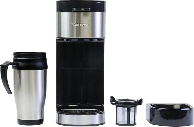 Kenmore Single Serve Coffee Maker With Stainless Steel Travel Mug, Capsule/Pod & Ground Coffee Brewing, K Cup Compatible, Hot & Iced Coffee Machine, 6 to 14 Oz Brew Sizes, Auto Shut-Off, Black