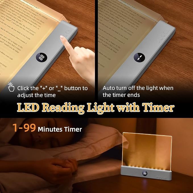 Book Light for Reading in Bed at Night Flat Reading Lights, White | 3 Color & Dimming, Rechargeable, Full Page, Flat Booklight with Timer, LED Reading Light, Bookish Gifts for Book Lovers