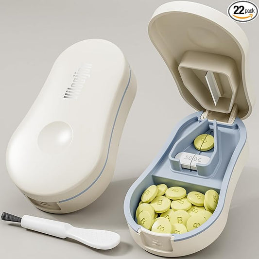 Pill Cutter for Small and Tiny Pills - Pill Splitter with Detachable Silicone Pad - Easy Open Snap Button. Wrap-Around Blade Guard Prevents Cuts. Back Storage (White)