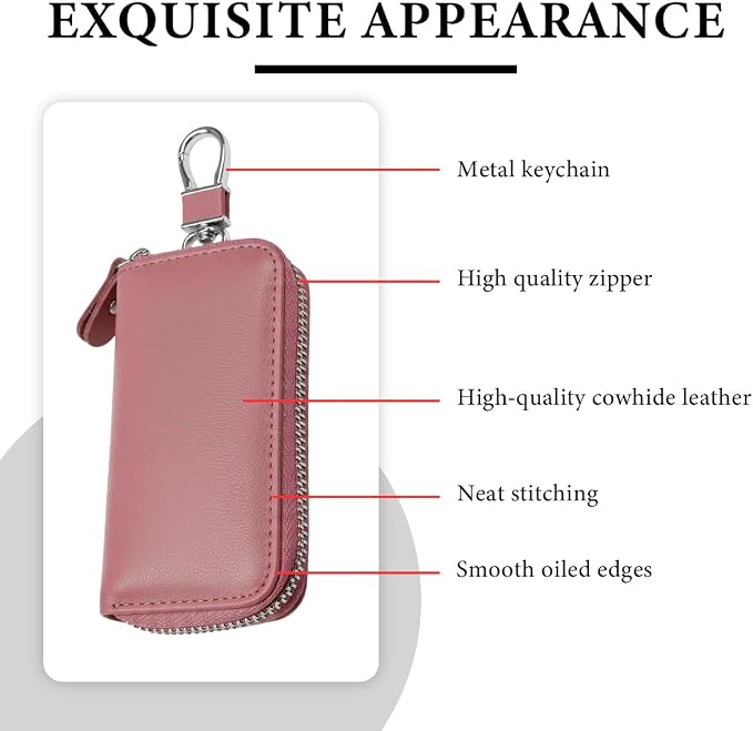 Leather Car Key Holder Bag, Unisex Key Fob Case with 6 Hooks, Zipper Closure Keychian Case Wallet for Smart Keys (Bean Pink)