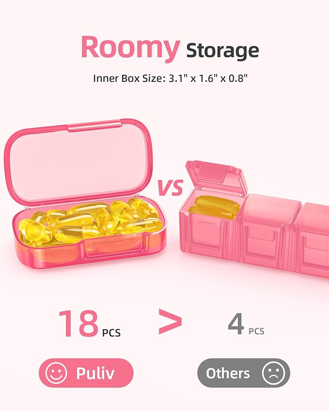 PULIV Weekly Pill Organizer with Large Capacity, Dual Protection Pill Box 7 Day, Arthritis Friendly Pill Case Easy to Open, Medicine Organizer for Vitamins, Medications, Fish Oils, Supplements (Pink)
