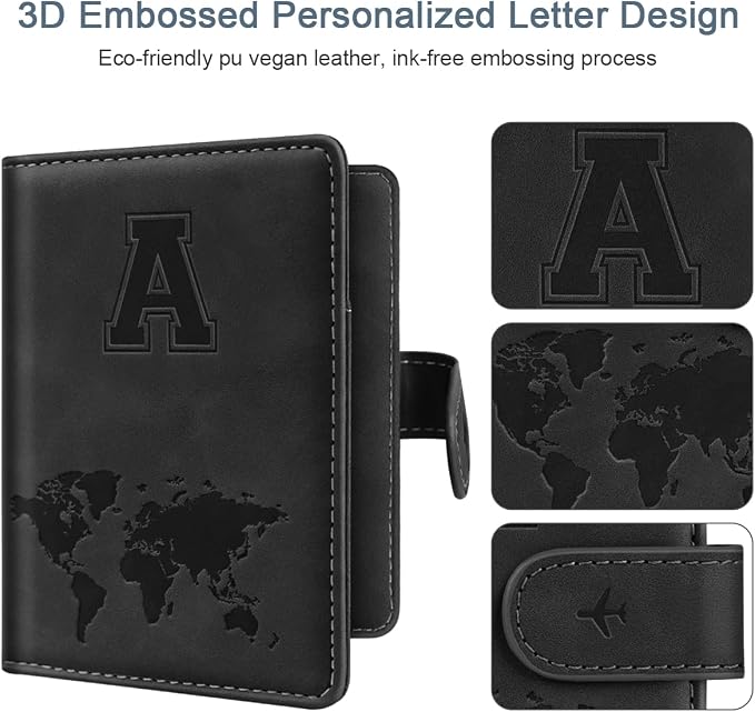 Passport Holder for Travel Essentials Personalized Initial Wallets | Embossed Letter A-Z Design, RFID Blocking, Passport Cover, Passport Book Holders, Men Women, Personalized Gifts, Black-A