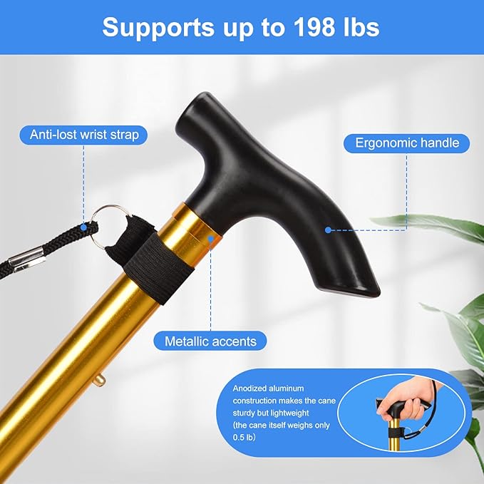 supregear Folding Cane, 5-Level Adjustable Height Walking Stick Lightweight Collapsible Portable Travel Cane with Wrist Strap and T Handle for Elderly Disabled Men Women