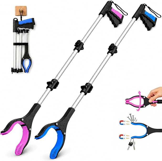 36" Grabber Reacher Tool, 2-Pack Long Reacher Grabber Pickup Tool with 4" Wide Anti-Slip Jaw, 360° Rotating Head and Magnetic Tip, Foldable Trash Grabbers for Seniors, Post Surgery Use Heavy Duty