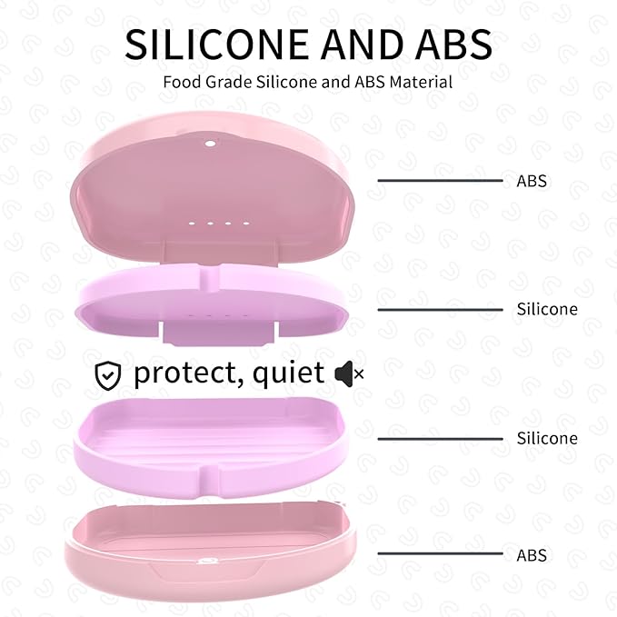 2 Pack Retainer Case, Slim Aligner Case with Vent Holes and Silicone Liner, Compatible with Invisalign, Includes Removal Tool, Brush, Chews, Pink