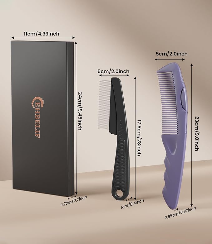 Dandruff Comb Removal 2PC Hollow Fine Tooth Scalp Detox Hair Care Tool | Upgraded Stainless Steel Teeth, with Gift Box, Build up Flake, Self Cleaning, Button-Release, for Women Men Kids, Purple
