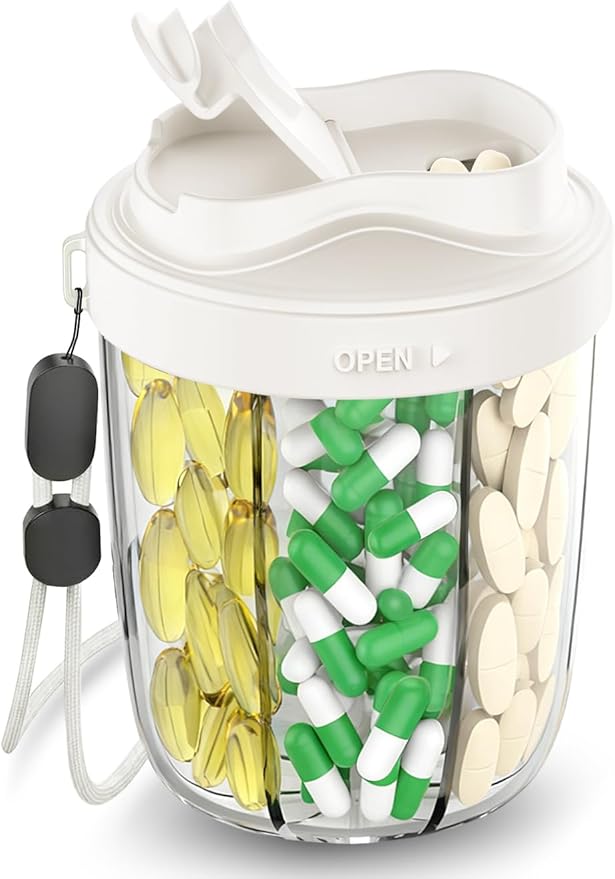 Large Pill Dispenser to Store 7 Various Supplements - Pill Organizer & Supplement Organizer for Travel, Anti-Mixing Design, with Strap & 20 Sticky Labels （Off-White）