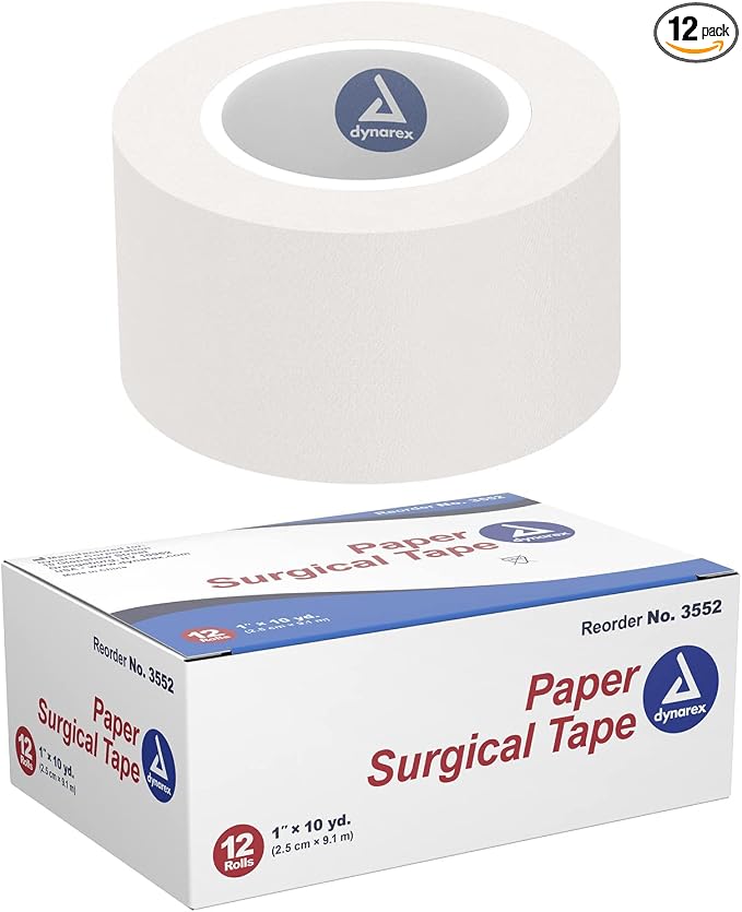 Dynarex Paper Surgical Tape, Use to Secure Wound Care with Medical Gauze, Dressings, and Non-Adherent Pads, First-Aid Kit Essential, White, 1” x 10 yds, 1 Box of 12 Rolls of Paper Surgical Tape