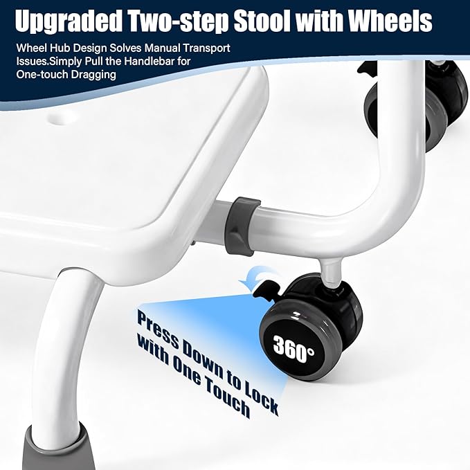 2 Step Stool for Elderly with Adjustable Handrail and Wheels, Heavy Duty Safety Bed Steps for High Beds with Non-Slip Surface, Holds 460lbs for Adults and Seniors