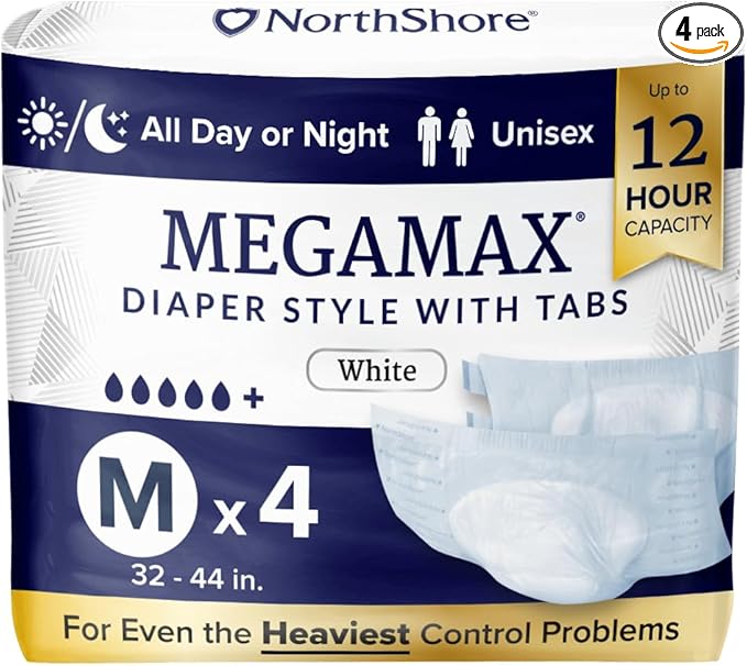NorthShore MegaMax 12-Hour HBL Adult Diapers for Heavy Bladder Leaks, Medium, 4 Count, White, 32-44 inches, Tab-Style Incontinence Underwear for Men, Women & Teens