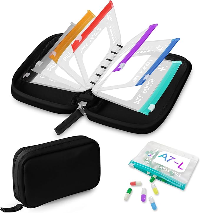 A7 Waterproof Pill Organizer with 7 PCS L Size Zippered Pill Pouches for A7 Binder, Large BPA-Free Weekly Medicine Organizer, Color-Coded Reusable Travel Pill Storage System