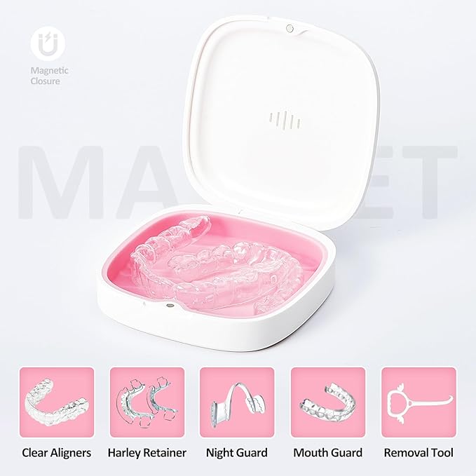 Retainer Case Slim Aligner Case with Vent Holes Removable Inner Tray Silicone for Easy Cleaning (1Pack White Pink)