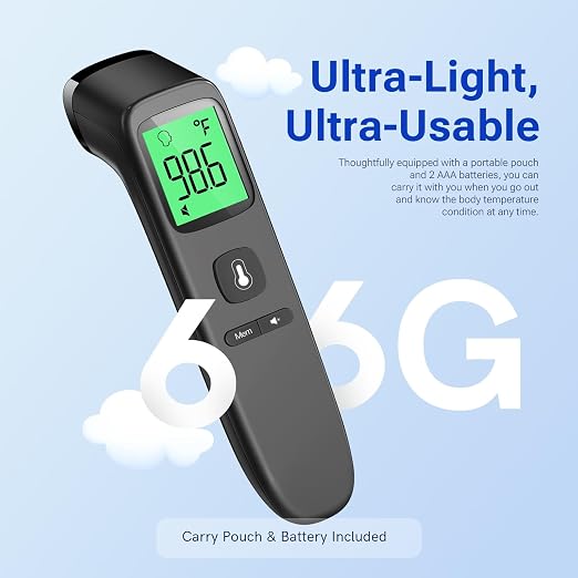 Viproud Touchless Thermometer for Kids and Adults, 1-Second Reading, Black | Large LCD with 3-Color Backlight, Fever Indicator, Mute Mode, Memory Recall, Dule Mode Forehead/Object, for All Ages
