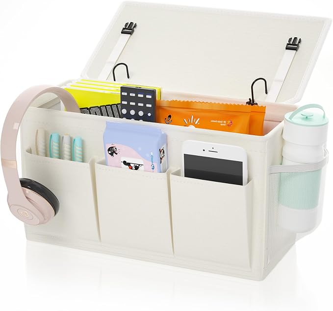 Bedside Caddy Storage Organizer for Bed Rails, Bed Caddy with 6 Pockets | Bedside Organizer with Fixed Straps and Hooks, Mattress Supported Versatile for Home, Dorm, Bunk, Hospital and Crib Bed