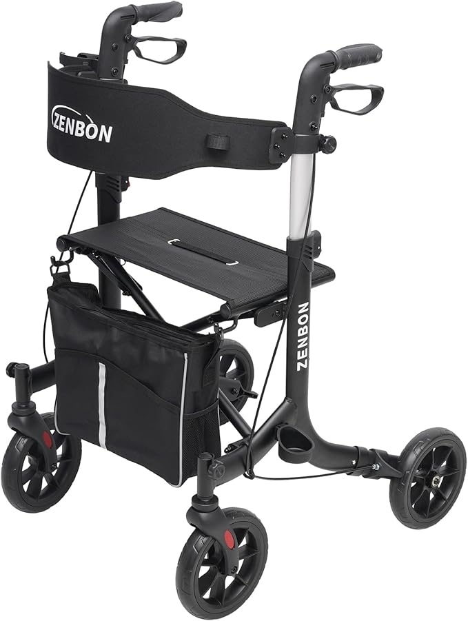 Rollator Walker for Seniors/Adults Foldable Rolling Walker with Seat 330 lbs Capacity 4 Big 8 inch Wheels Hand Grips Adjustable Height Lightweight Aluminum Walker Removable Back Support 7209(Black)