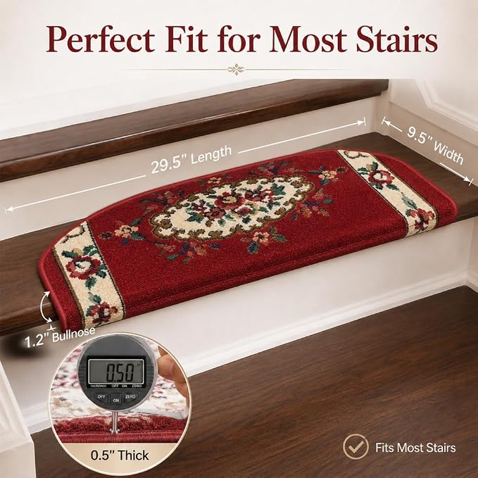 Rounded Bullnose Carpet Stair Treads for Wooden Steps Indoor, No Tape Non Slip Step Mats with TPU Backing & Steel Reinforced Edge for Dogs Elders,Ivory red,2
