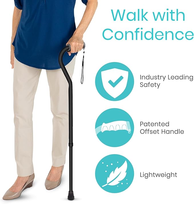 Vive Walking Cane for Women, Men, Elderly - Patented Offset Grip - Lightweight Adjustable Walking Aid with a Non-Slip Tip - Sturdy Balancing Mobility Aid for Seniors
