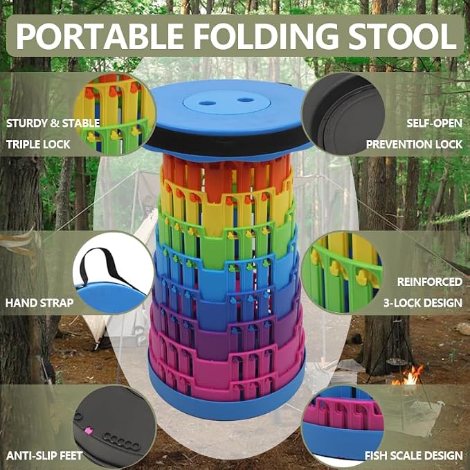 JAEMEYEM Collapsible Stool Upgraded, Folding Telescoping Foldable Camping Stool, Sturdy, Portable Telescopic Compact Folding Chair, Retractable Seat or Foot Rest for Travel, Parties, Queue