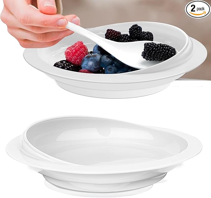 2Pack Spill Proof Scoop Plate with Non-Skid Suction Base, Adaptive Self-Feeding Dinnerware for Elderly and Disabled(White)