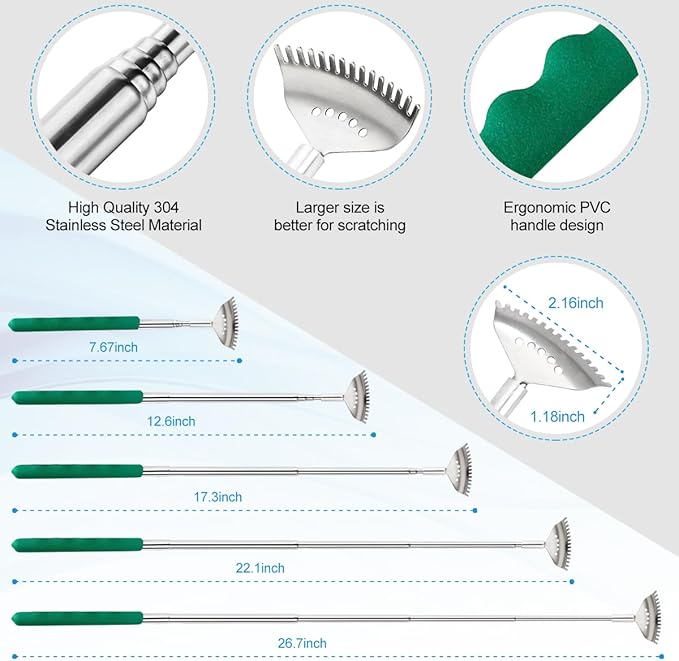 4PCS Different Back Scratcher Metal Portable Telescoping Back scratchers with Rubber Handles, Extendable Back Massager Tool, Great Gift for Men Women Kids Adults(Green)