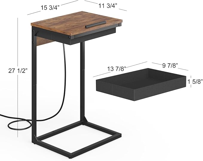 sthmec C Shaped End Table with Charging Station, 45° Tiltable Adjustable Flip Top Table with Storage,Small C Table for Small Spaces,Slide Under Couch Sofa Bedside Table for Living Room,Rustic Brown