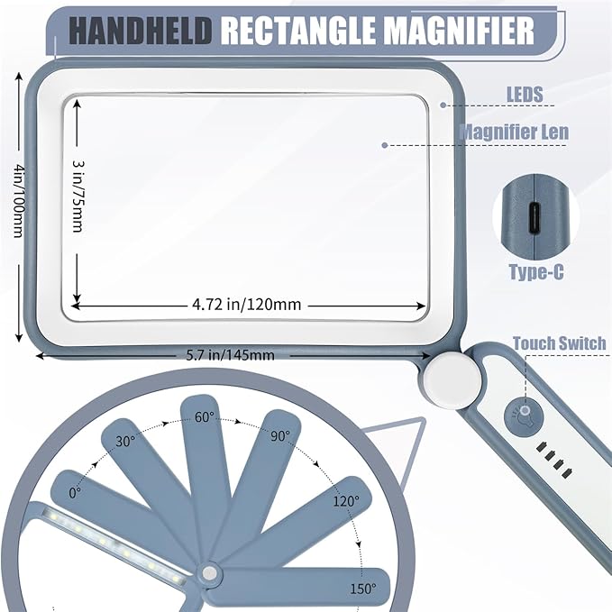 Magnifying Glass for Reading, Rechargeable 5X Large Page Magnifier with Light, Folding Handheld Dimmable Rectangle Lighted Magnifier for Reading Book Small Print for Seniors Low Vision, Blue White