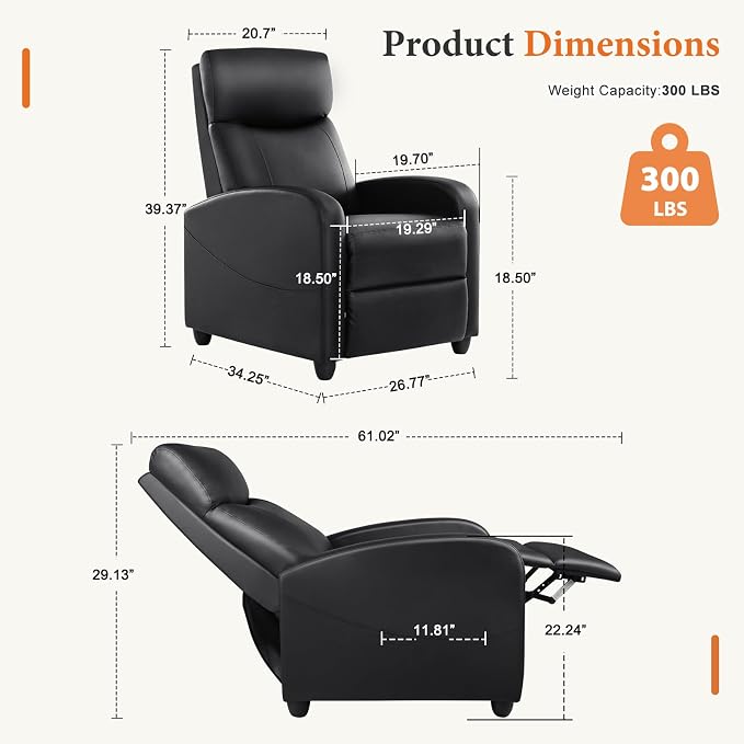 Sweetcrispy Recliner Chair PU Leather Recliner Sofa No Massage, Home Theater Seating with Lumbar Support, Adjustable Push Back Overstuffed High-Density Sponge Reclining for Living Room, Black