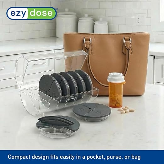 Ezy Dose Weekly (7-Day) Daily Pill Case, Medicine Planner, Vitamin Organizer Container, Compact Round Containers with Flexible Lids and Removable Compartments, 3 Times a Day, Soft Black, BPA Free