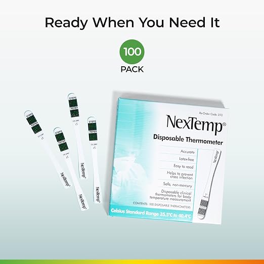 Disposable Thermometer (100-Pack, Fahrenheit) — Oral Thermometer for Adults, Single Use, Battery Free, Hygienic, Accurate Readings in 1 Minute, for Home, Clinic & Travel