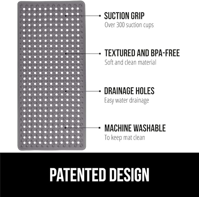 GORILLA GRIP Patented Bath Tub Shower Mat, Machine Washable Bathtub Floor Liner Mats, Suction Cups and Drain Holes to Keep Tubs Clean, Soft on Feet, Bathroom Essentials, 35x16 Inch, Charcoal Opaque