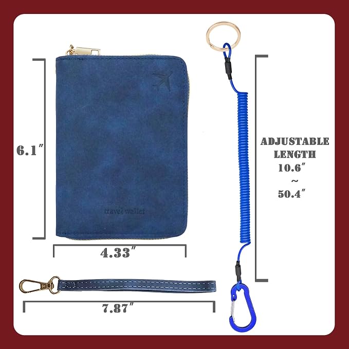 Passport Holder with Tether and Carabiner Clip to Prevent Loss and Theft, Rfid Passport Holder for Travel, Passport Cover, Wallet & Case for Men and Women (Blue - Tether and Carabiner)