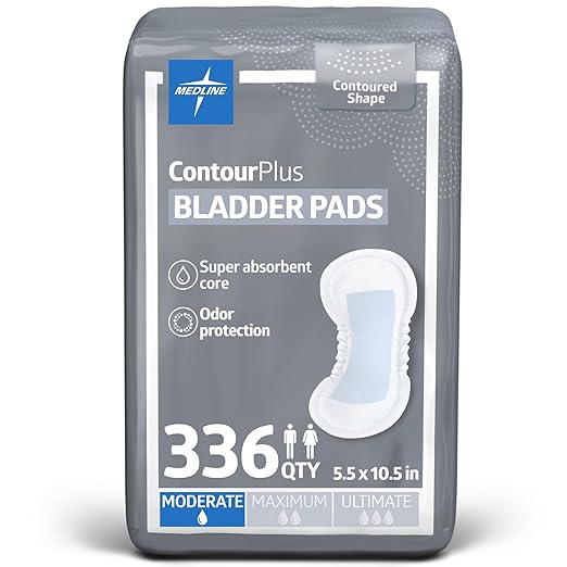 Medline ContourPlus Bladder Control Incontinence Pads, Moderate Absorbency, 5.5" x 10.5", 28 Count (Pack of 12)
