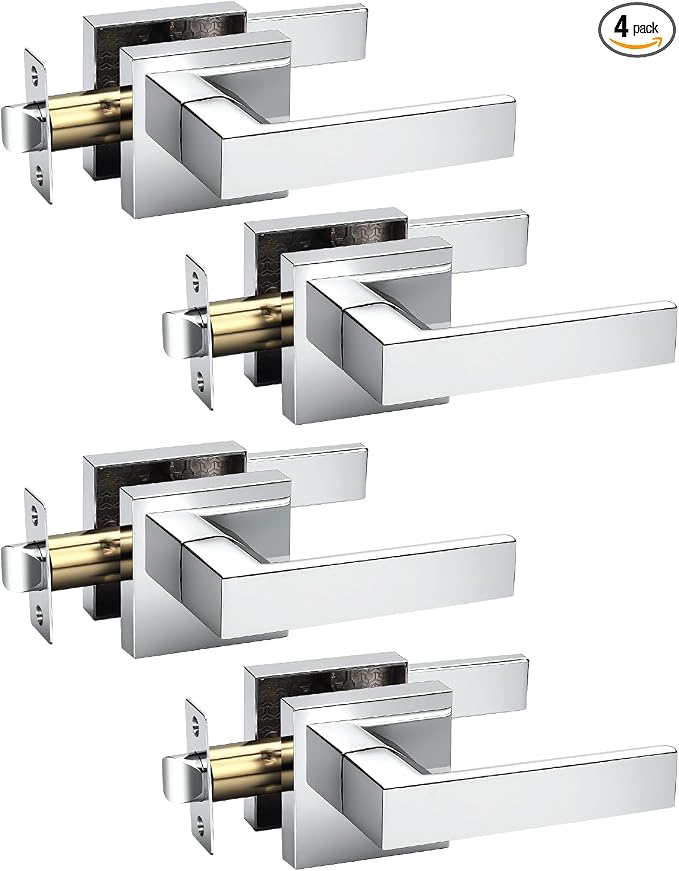 KNOBWELL 4 Pack Door Handles Interior Passage Doorknob with Straight Lever Polished Chrome Hallway Closet Door Handles