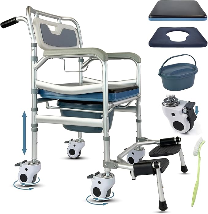 4-in-1 Floding Bedside Commode Chair, Rolling Shower Wheelchair with Arms, 4 Lockable Wheels, Detachable Bucket, Toilet Brush, Height Adjustable & Flip-up Footrest, Padded Mobile Toilet Chair