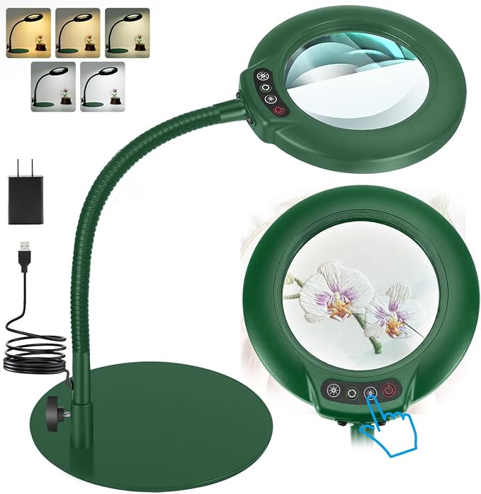 IVMAIE 12X Magnifying Glass with Light, Real Glass Lens, 5 Color Modes Dimmable, Flexible Gooseneck Lighted Magnifier with Stand, LED Desk Lamp Hands Free for Crafts Painting Reading Close Work, Green