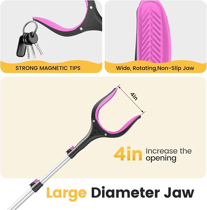 Telescopic Grabber Reacher Tool, 5-Level Adjustable Length (23'' to 41'') - Trash Claw Gripper, Pickup Stick for Litter Picking, Yard Work, and Seniors (Pink-2PC)